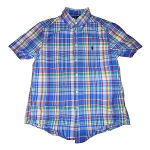 Ralph Lauren Plaid Shirt Boys M 10-12 Blue Multicolor Short Sleeve Preppy Madras